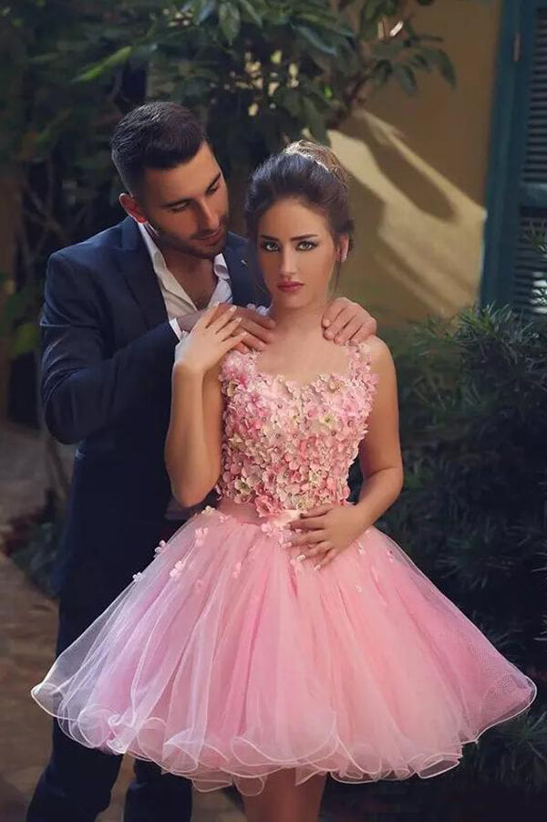 Abiti corti da ballo fatti a mano con fiori di tulle rosa, abito per serata di ritorno a casa