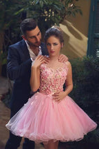 Abiti corti da ballo fatti a mano con fiori di tulle rosa, abito per serata di ritorno a casa