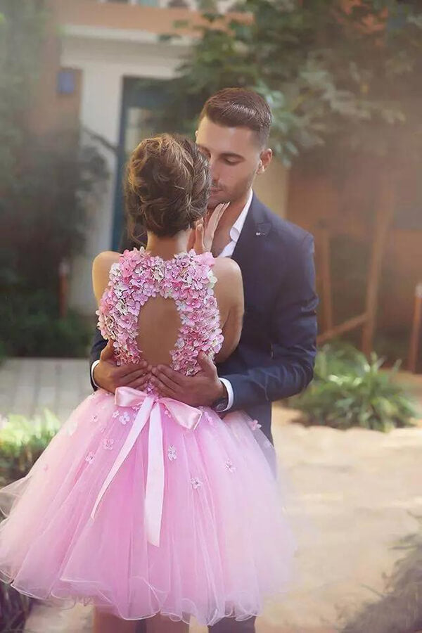 Abiti corti da ballo fatti a mano con fiori di tulle rosa, abito per serata di ritorno a casa