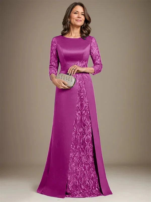 A-Line Scoop Floor-Length Lace Satin Mother Of the Bride Dress With Applique by Dreamylily