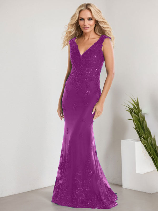 A-line V-Neck Floor-Length Lace Chiffon Mother of the Bride Dress With Applique Sequins Mermaid Dresses