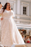 Plus Size Ivory A-Line Wedding Dress V Neck Short Lace Sleeves 3D Floral Embroidery Bridal Gown with Cathedral Train