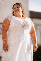 Plus Size White A Line Wedding Dress Scoop Neck Lace Cap Sleeves Boho Chiffon