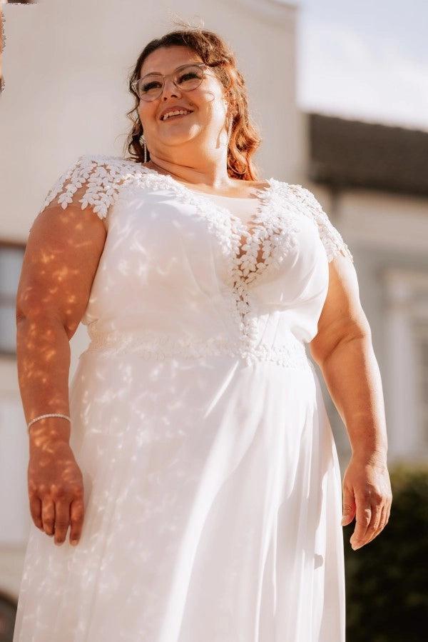 Plus Size White A Line Wedding Dress Scoop Neck Lace Cap Sleeves Boho Chiffon