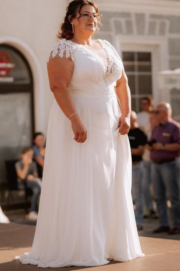 Plus Size White A Line Wedding Dress Scoop Neck Lace Cap Sleeves Boho Chiffon
