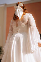 Plus Size White A-Line Wedding Dress V Neck Long Bishop Sleeves Lace Bodice Starlight Tulle Boho Bridal Gown