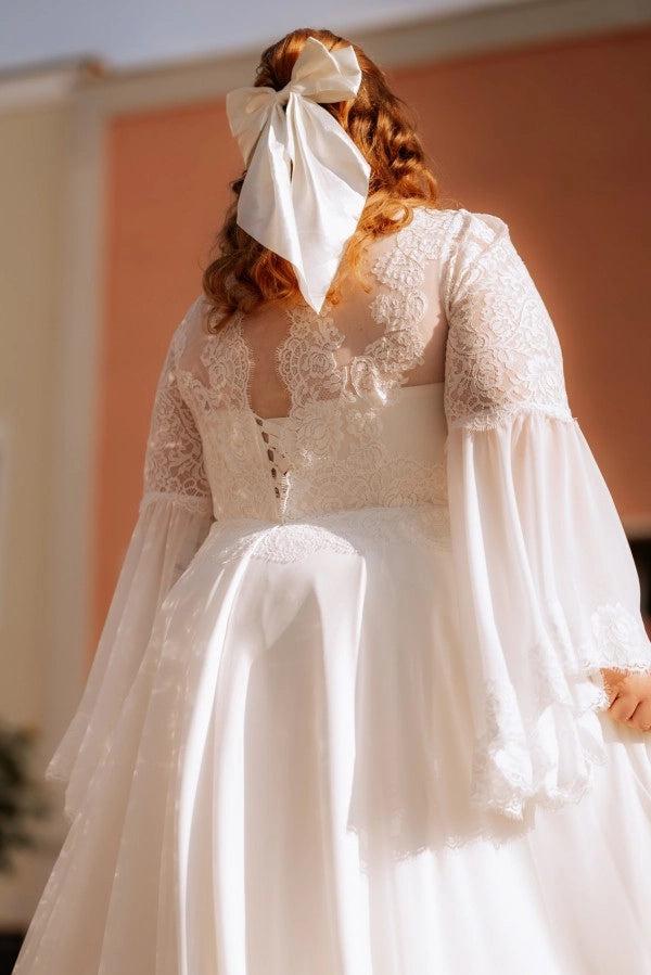 Plus Size White A-Line Wedding Dress V Neck Long Bishop Sleeves Lace Bodice Starlight Tulle Boho Bridal Gown