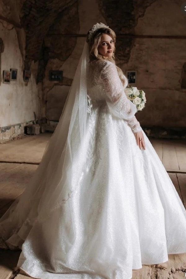 Plus Size White Ball Gown Wedding Dress V Neck Long Puff Sleeves Pearl Beaded Sequin Lace Luxury Princess Bridal Gown