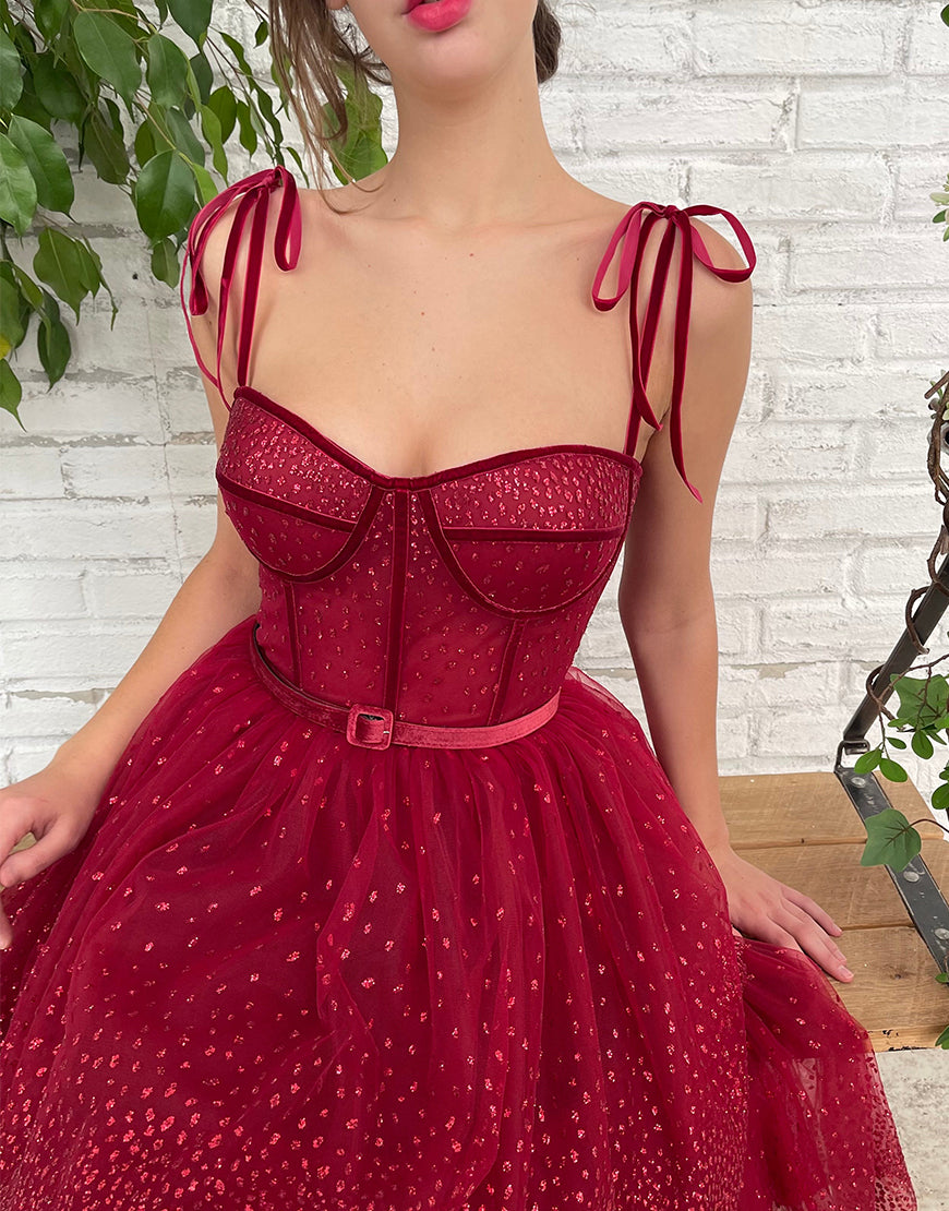 Vestido de Tule Vermelho Escuro com Brilhos para Baile de Regresso a Casa