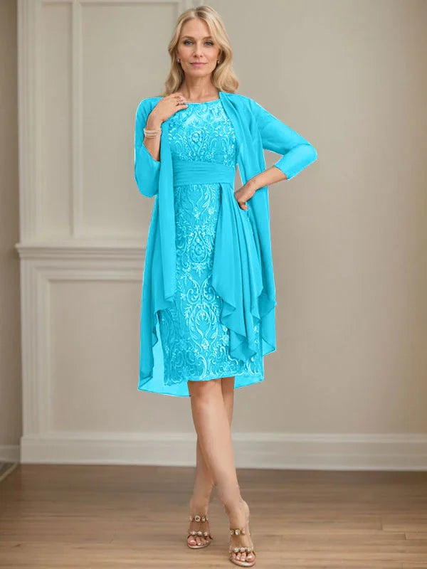 Etui/Säulenförmiges Kleid mit Illusion, knielang, aus Spitze und Chiffon, Brautmutterkleid mit herabfließenden Rüschen und Pailletten