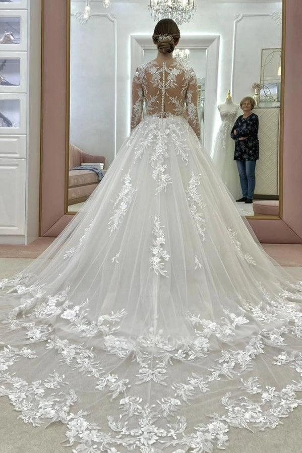 Ivory V Neck Long Sleeves A Line Wedding Dress With Appliques And Chapel Train