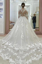Ivory V Neck Long Sleeves A Line Wedding Dress With Appliques And Chapel Train