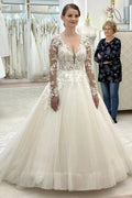 Ivory V Neck Long Sleeves A Line Wedding Dress With Appliques And Chapel Train