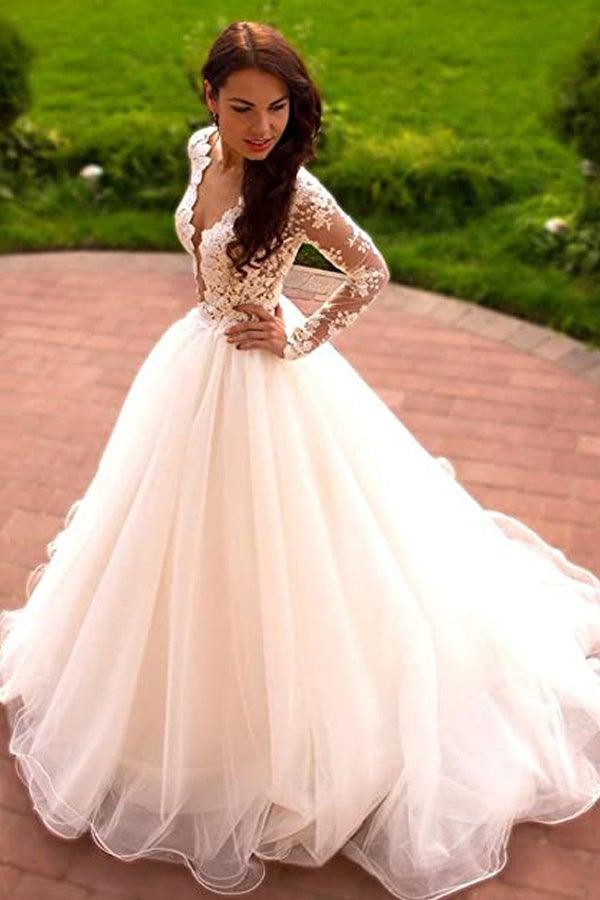 Vestidos de Noiva Princesa em Linha A com Decote em V, Tule Marfim e Mangas Compridas