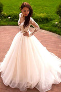 Vestidos de Noiva Princesa em Linha A com Decote em V, Tule Marfim e Mangas Compridas
