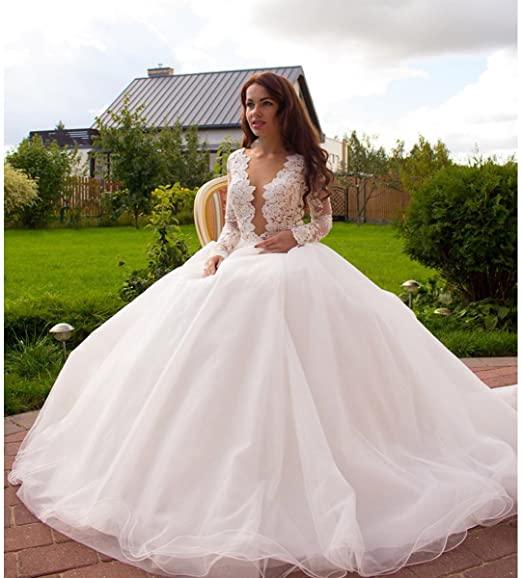 Vestidos de Noiva Princesa em Linha A com Decote em V, Tule Marfim e Mangas Compridas