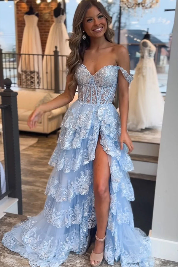 Princess Lace Tiered Stunning Blue Prom Dress With Lace Ruffles