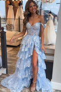 Princess Lace Tiered Stunning Blue Prom Dress With Lace Ruffles