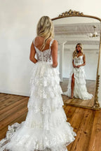 Princess Lace Tiered Stunning Blue Prom Dress With Lace Ruffles