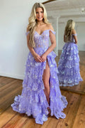 Vestido de Baile Roxo Deslumbrante com Folhos de Renda em Camadas Princess