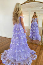 Vestido de Baile Roxo Deslumbrante com Folhos de Renda em Camadas Princess