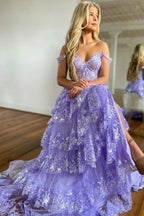 Vestido de Baile Roxo Deslumbrante com Folhos de Renda em Camadas Princess
