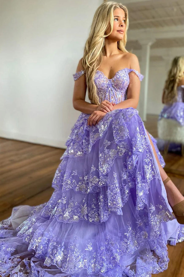 Vestido de Baile Roxo Deslumbrante com Folhos de Renda em Camadas Princess