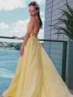 Vestido de Baile de Cetim | vestido de baile amarelo | fenda no vestido de baile SYP127