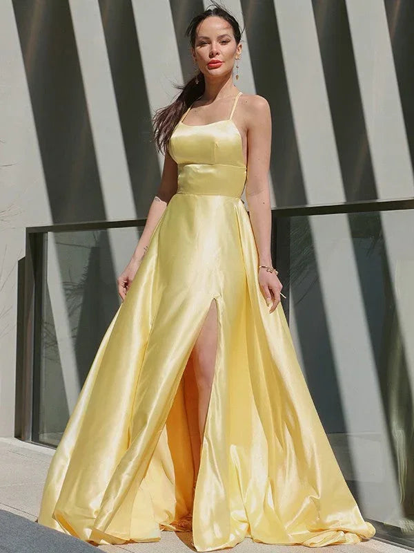 Vestido de Baile de Cetim | vestido de baile amarelo | fenda no vestido de baile SYP127