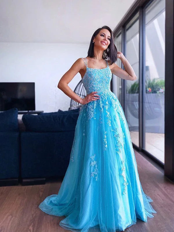 Vestidos com Alças Finas, Saia de Tule e Cauda Varredoura SYP125