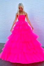 Princess Strapless Tiered Tulle Hot Pink Long Prom Dress