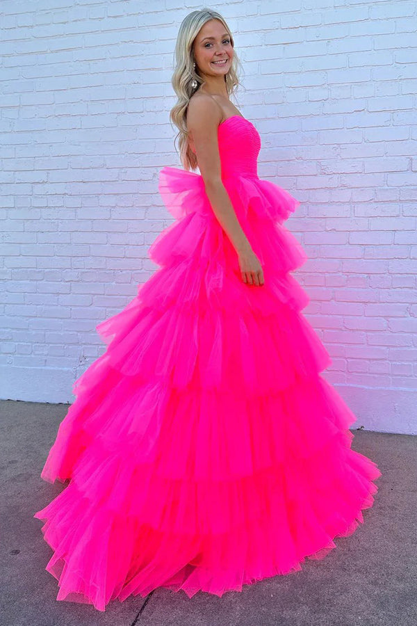 Princess Strapless Tiered Tulle Hot Pink Long Prom Dress