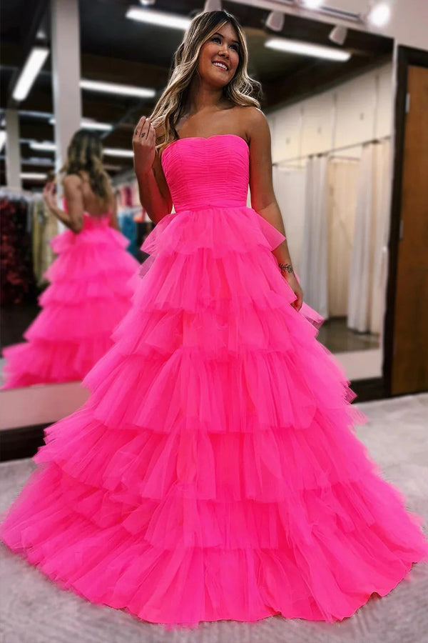 Princess Strapless Tiered Tulle Hot Pink Long Prom Dress