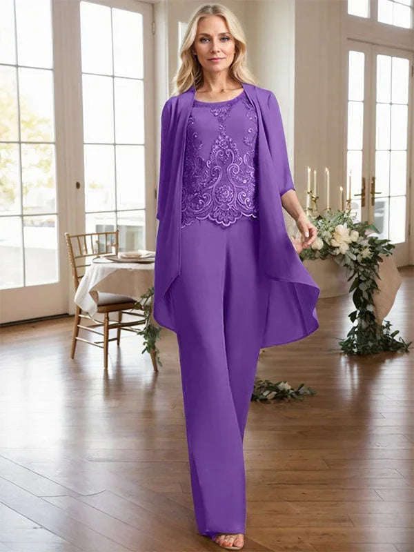 Getrennter Overall/Hosenanzug mit Rundhalsausschnitt, bodenlang, aus Chiffon und Spitze, Mutter-des-Brautkleides mit Perlen und Pailletten
