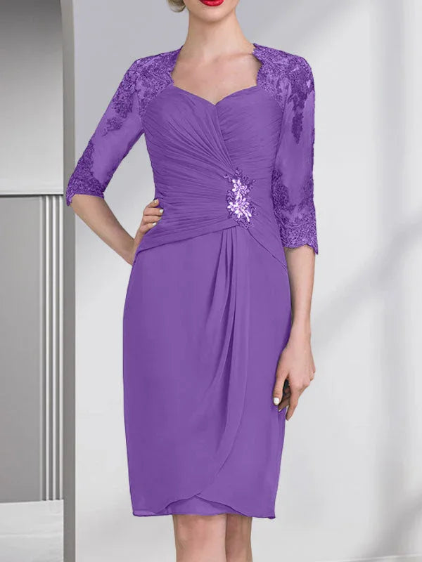 Vestido de madrina de novia de gasa con apliques de cuentas, encaje, lentejuelas y pliegues, largo hasta la rodilla, corte tubo y columna, con escote corazón