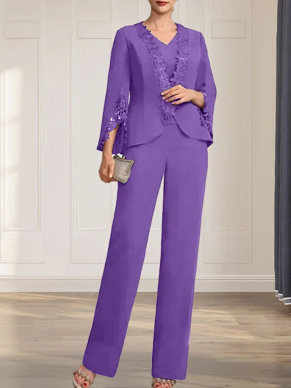 Getrennte Overall/Hosenanzug V-Ausschnitt bodenlanger Chiffon Brautmutterkleid