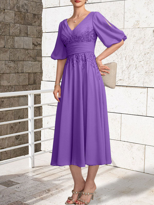 A-line V-Neck Tea-Length Lace Chiffon Mother of the Bride Dress With Pleated