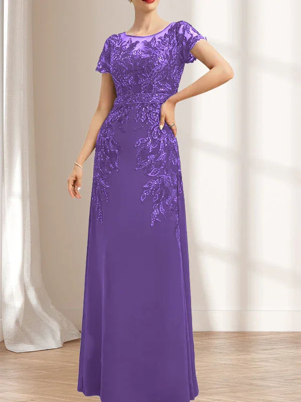 Vestido de madrina de novia con ilusión, corte columna y fajín, largo hasta el suelo, de encaje y gasa con lentejuelas