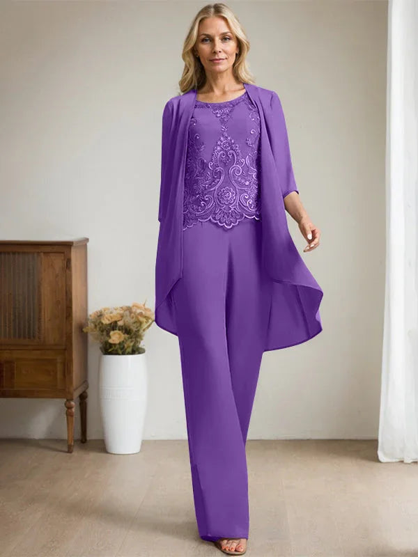 Tuta Separata/Completo Pantaloni Scollo a U Lunghezza Pavimento Chiffon Pizzo Abito Madre della Sposa con Perline e Paillettes