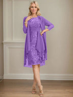 Etui/Säulenförmiges Kleid mit Illusion, knielang, aus Spitze und Chiffon, Brautmutterkleid mit herabfließenden Rüschen und Pailletten