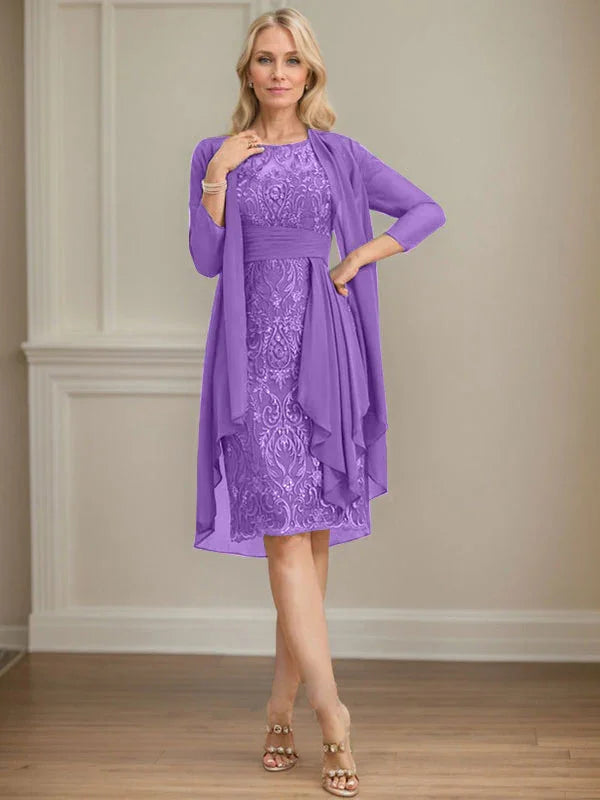 Etui/Säulenförmiges Kleid mit Illusion, knielang, aus Spitze und Chiffon, Brautmutterkleid mit herabfließenden Rüschen und Pailletten
