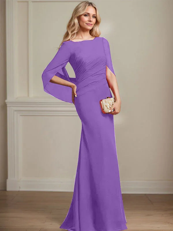 Vestido de madrina de novia de gasa con cuello barco estilo trompeta/cola de sirena y largo hasta el suelo con pliegues