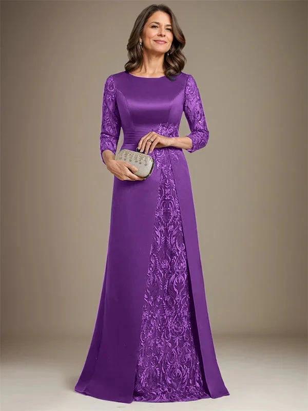 A-Line Scoop Floor-Length Lace Satin Mother Of the Bride Dress With Applique by Dreamylily