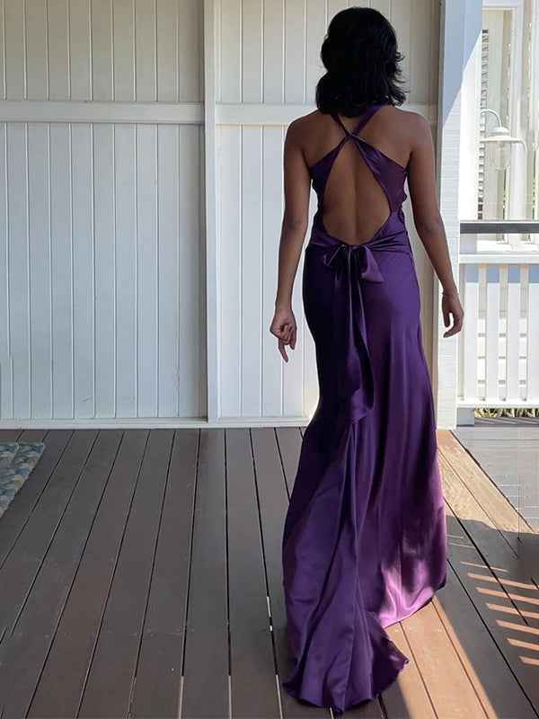 Vestido de noite de baile em cetim azul-petróleo com frente única e laço sem costas