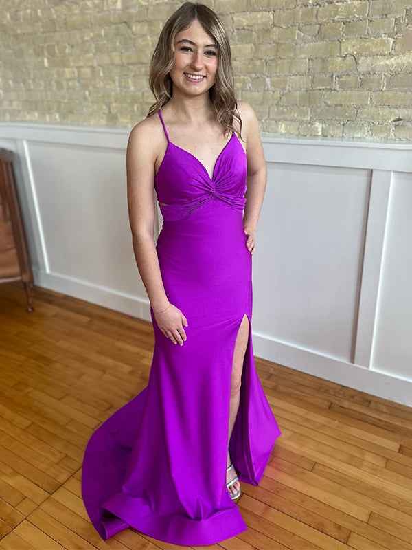 Magenta Mermaid Spaghetti Strap Ruched Long Prom Dress With Slit