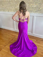 Magenta Mermaid Spaghetti Strap Ruched Long Prom Dress With Slit