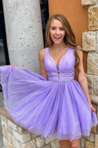 Abito corto a linea A in tulle viola con cintura, abito per festa di fine anno scolastico