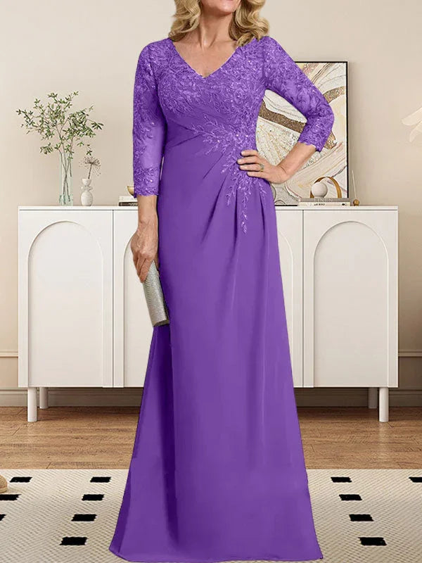 Vestido de madrina de novia con escote en V ilusión, corte columna, largo hasta el suelo, de encaje y gasa con lentejuelas plisadas