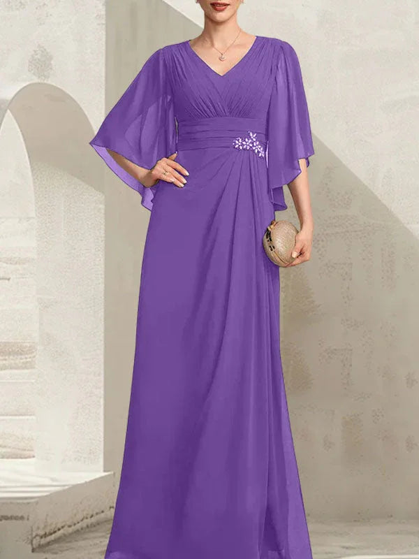 Vestido de madrina de novia de gasa largo hasta el suelo, corte columna y escote en V, con lentejuelas plisadas y abalorios