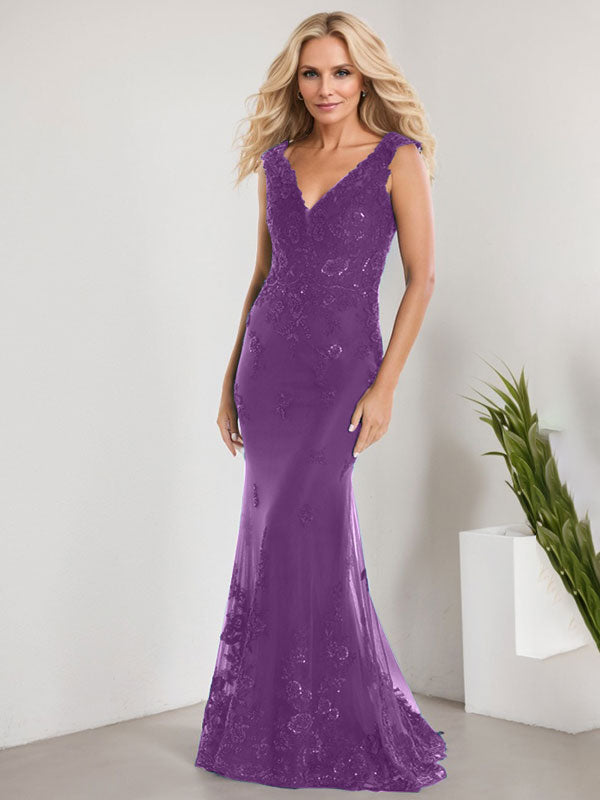 A-line V-Neck Floor-Length Lace Chiffon Mother of the Bride Dress With Applique Sequins Mermaid Dresses
